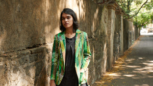 TJ in cotton Ikat green blazer jacket with MIRCHI KOMACHI original block print Chipko Didi