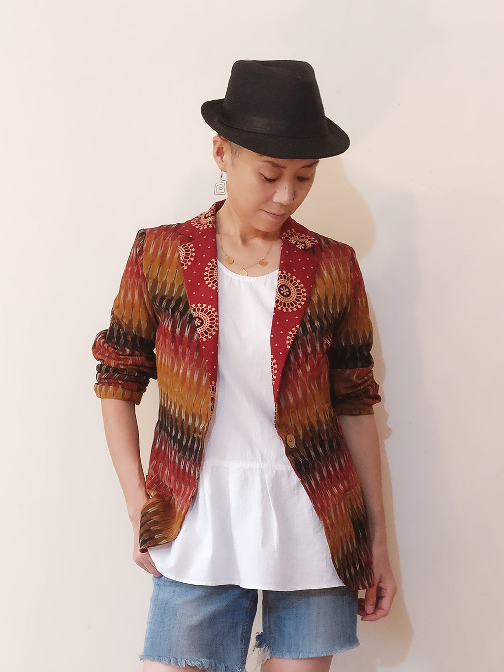 Cotton Ikat blazer with a genle maroon Ajrakh. Made from female body patterns, but anyone with any sex or gender please enjoy this jacket. Buy online.