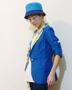 Blazer Jacket - Blue Dots Stripe &  Mul Cotton Semicircle Print Collar