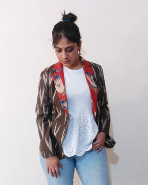 Fun casual blazer jacket (based on women's body base pattern) with brown cotton Ikat and orange hand print Kalamkari collar. Buy online! (profile photo)