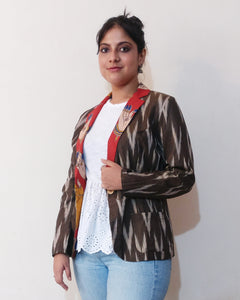 Fun casual blazer jacket (based on women's body base pattern) with brown cotton Ikat and orange hand print Kalamkari collar. Buy online!