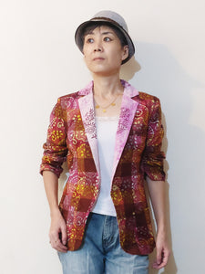 Blazer Jacket - Plaid Batik (Fuchsia and Yellow) &  Pink Flower Print Collar