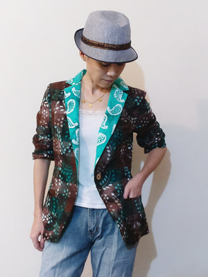 Blazer Jacket - Plaid Batik (Green and Brown) &  Emerald Green Paisley Collar