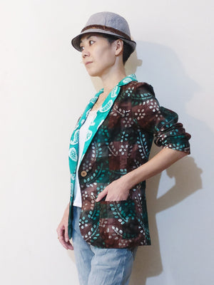 Blazer Jacket - Plaid Batik (Green and Brown) &  Emerald Green Paisley Collar