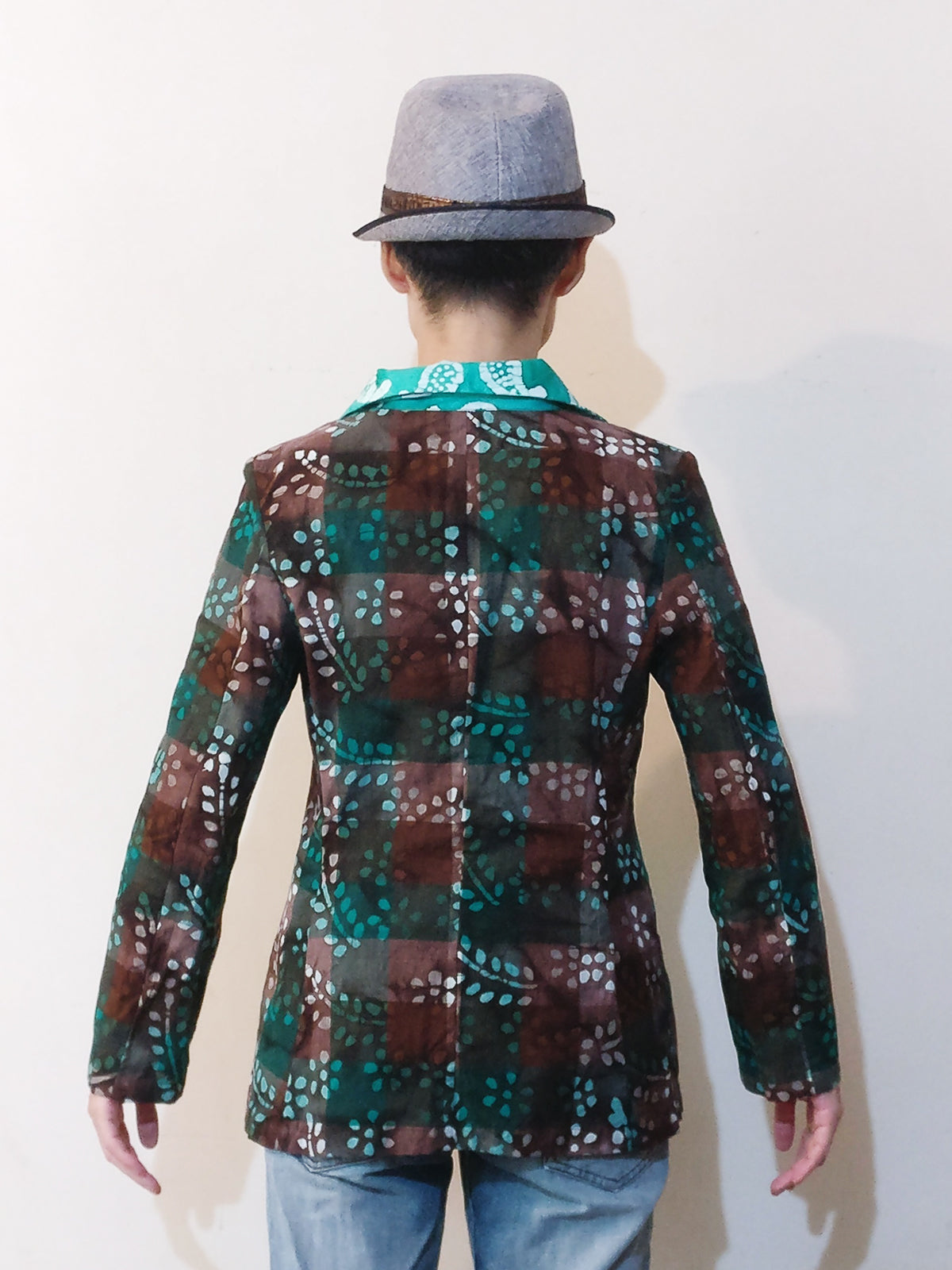 Blazer Jacket - Plaid Batik (Green and Brown) &  Emerald Green Paisley Collar