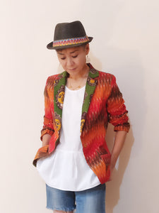 Cotton Ikat blazer with a fun god print collar. Made from female body patterns, but anyone with any sex or gender please enjoy this jacket. Buy online.