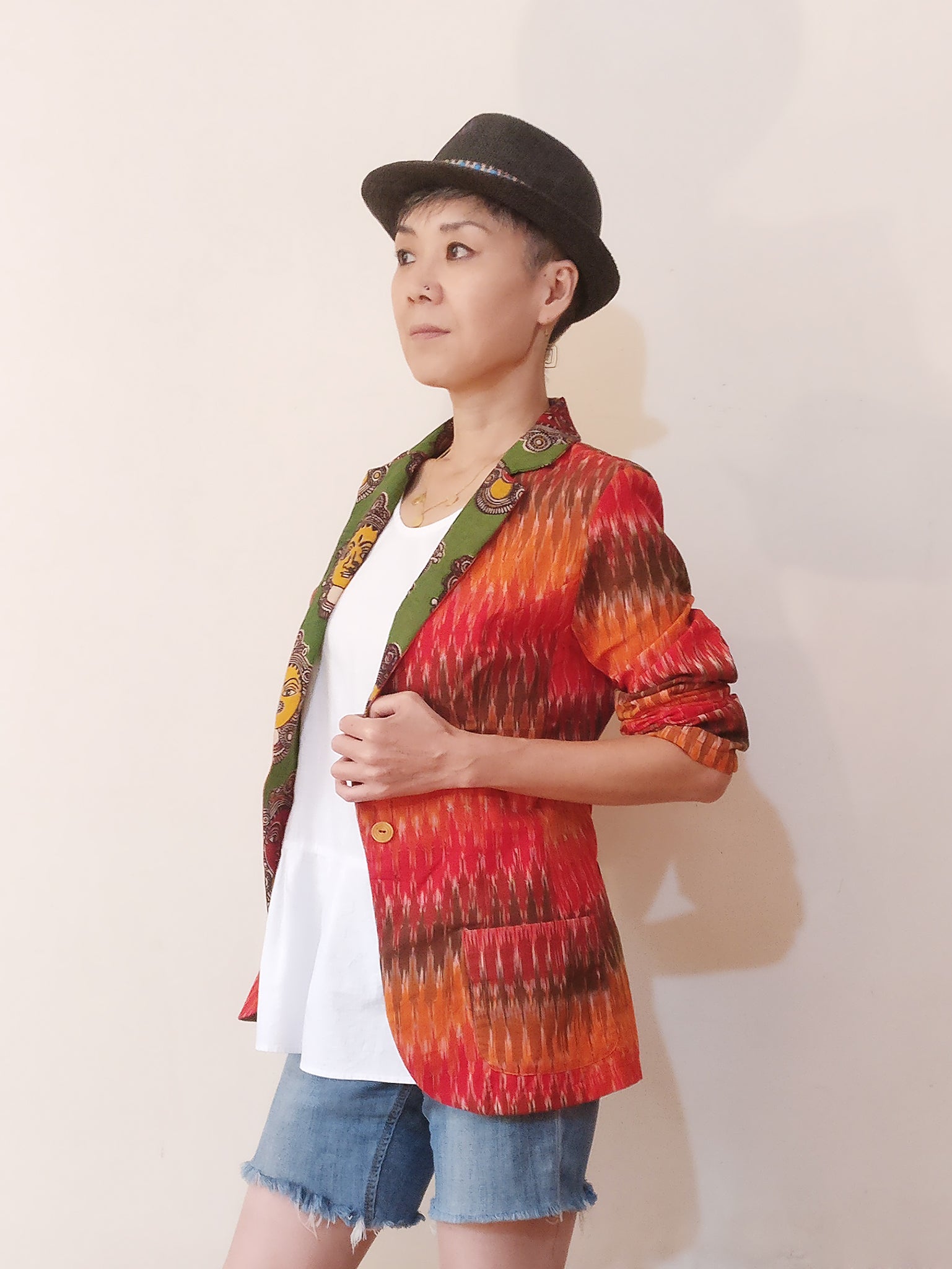 Cotton Ikat blazer with a fun god print collar. Made from female body patterns, but anyone with any sex or gender please enjoy this jacket. Buy online. Profile photo