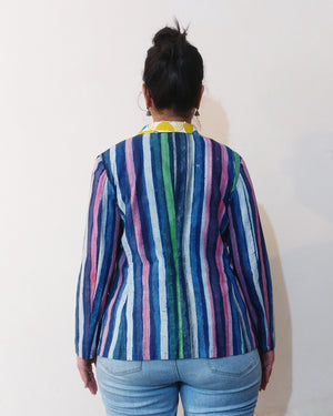 Blazer Jacket - Stripe (Navy-ish) & Mul Cotton Semicircle Print Collar