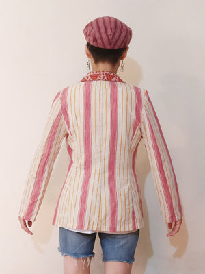 Blazer Jacket - White Handloom Stripe & Pink Triangle Dhabu Collar
