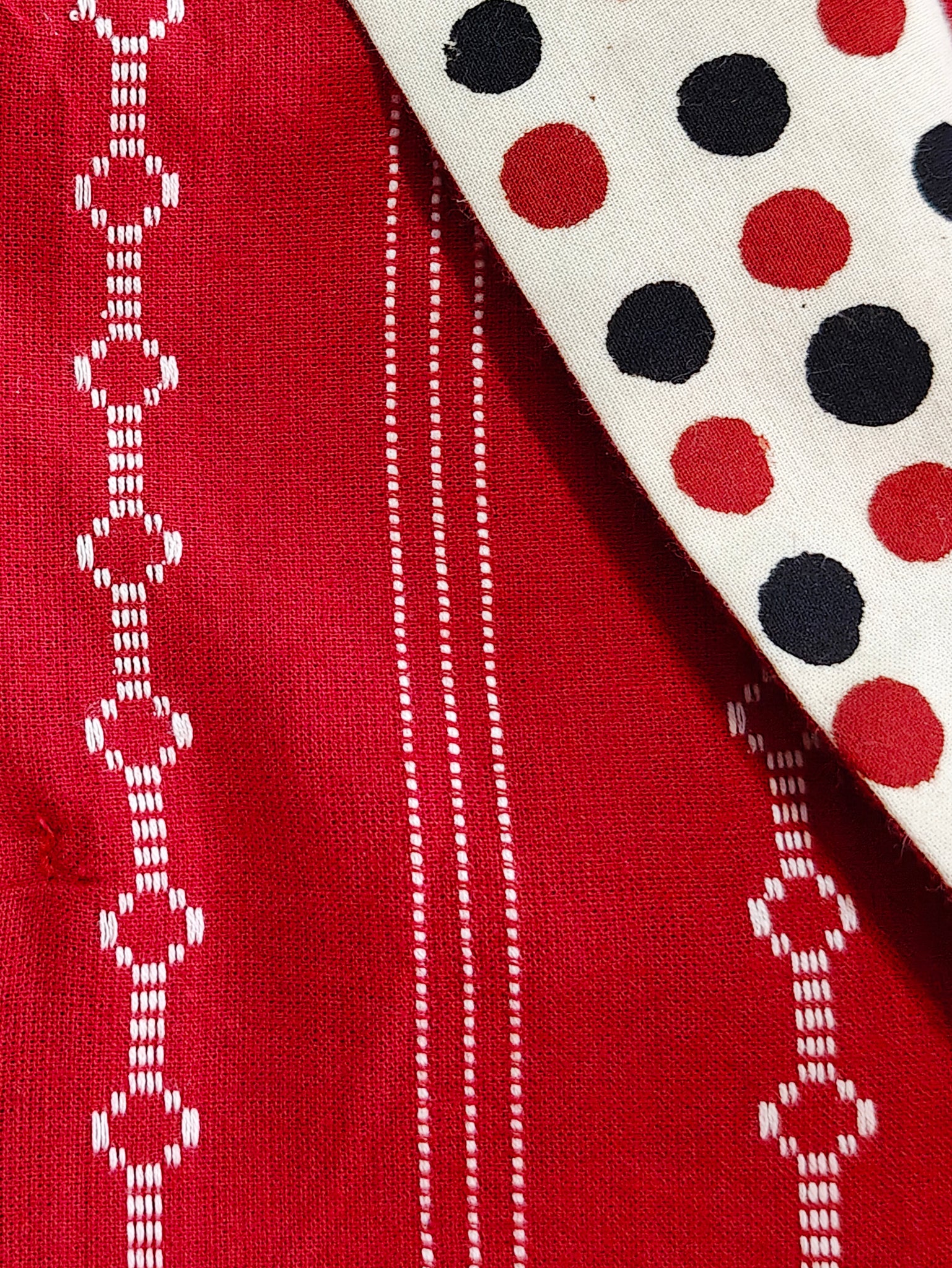 Blazer Jacket - White Stitches on Red & Small Dot Print Collar