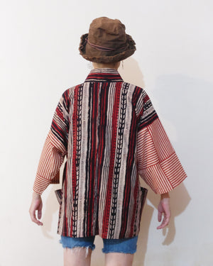 Kimono (Jinbei) Jacket - Black and Red Geometric Print & Red Lines Print Sleeves