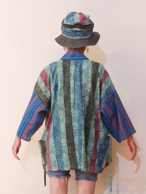 Kimono (Jinbei) Jacket - Brush Stripe & Handloom Sleeves (Green)