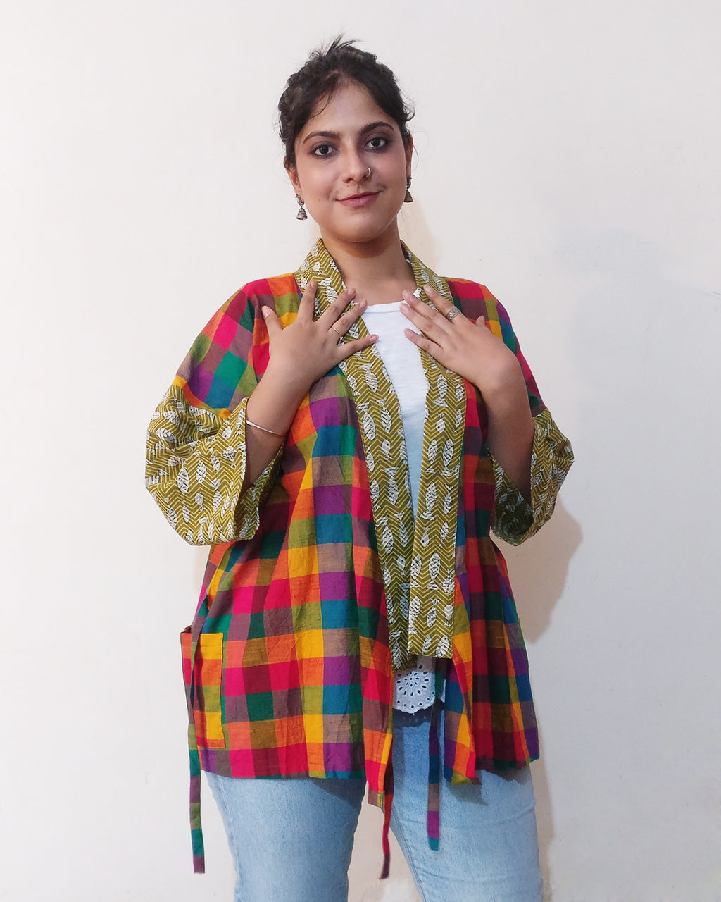 Breezy and comfy Kimono (Jinbei) Jacket with super popular colourful plaid Indian handloom cotton! Bet you would live in it. Buy online!