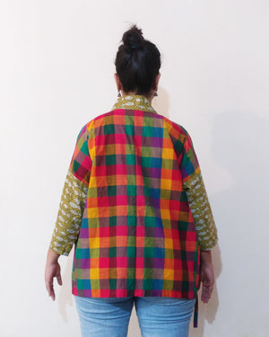 Kimono (Jinbei) Jacket - Colourful Petit Plaid & Mustard Fish Sleeves