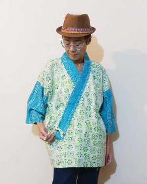 Kimono (Jinbei) Jacket - Green Little Flowers & Sky Blue Sleeve