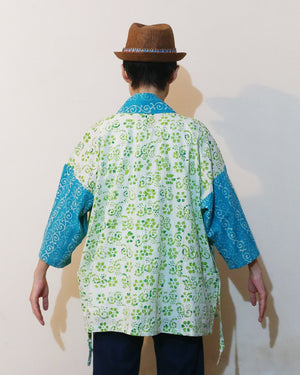 Kimono (Jinbei) Jacket - Green Little Flowers & Sky Blue Sleeve