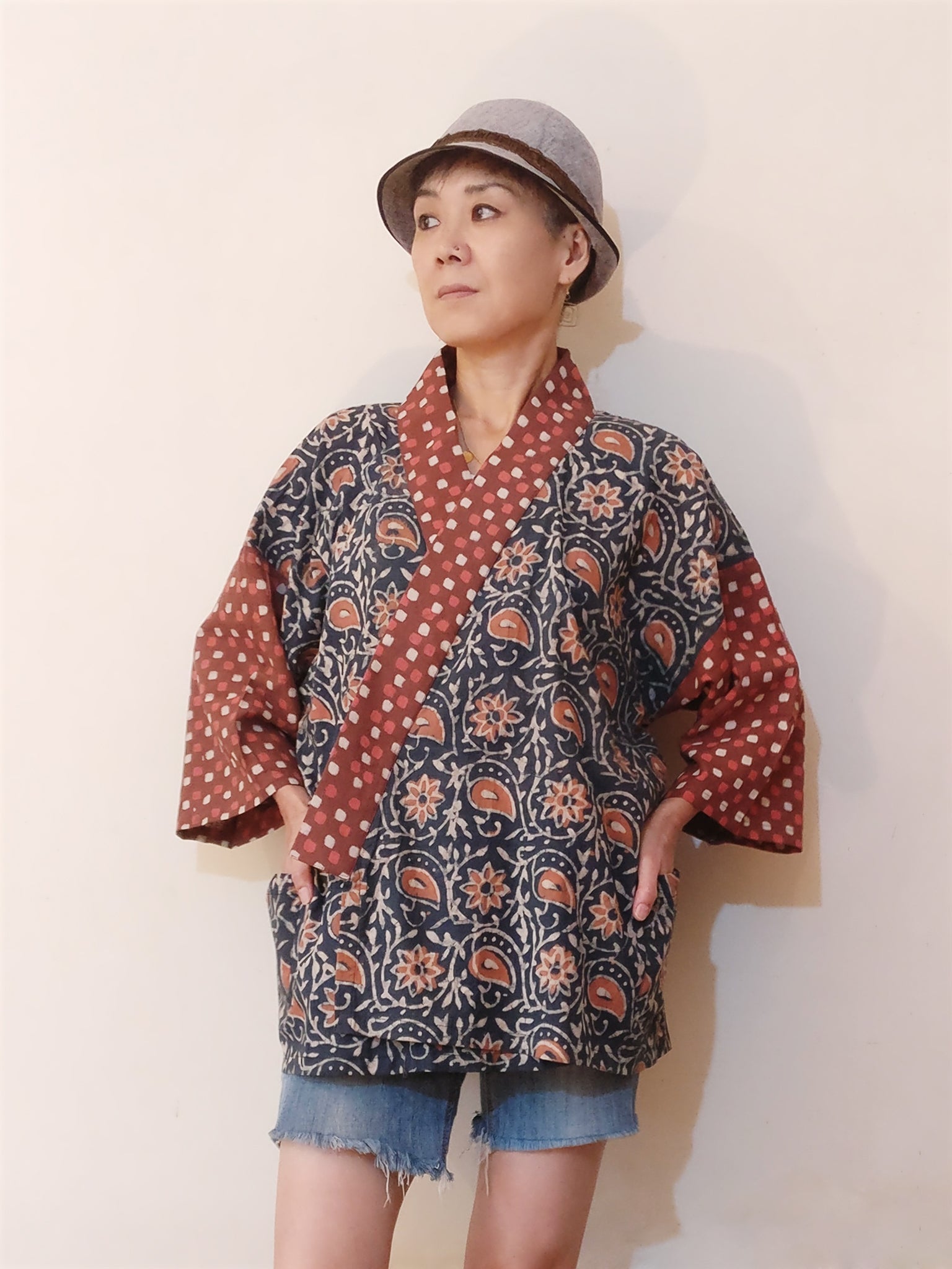 Beautiful Ajrakh Indigo floral print Jinbei (Kimono) Jacket is not only very light and comfy but also chic. Loose fit for all the bodies. Buy online. with the strings closed.