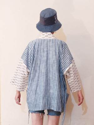 Kimono (Jinbei) Jacket - Handloom Stripe & Mul Mul Plant Sleeves (Blue)