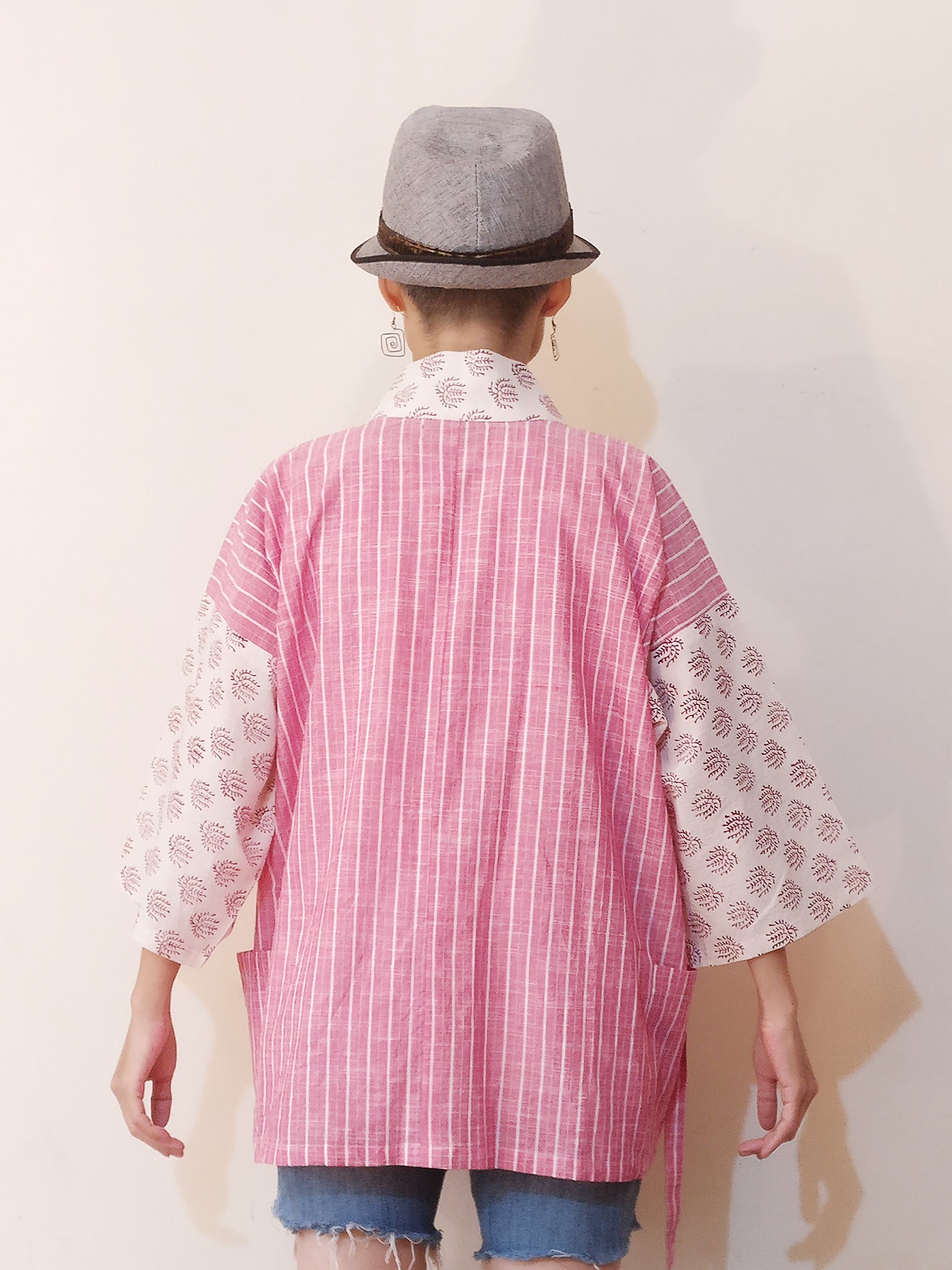 Kimono (Jinbei) Jacket - Handloom Stripe & Mul Mul Plant Sleeves (Red)