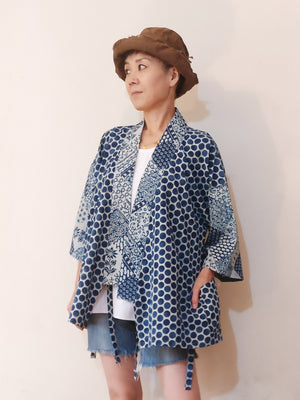 Cute Indigo Jinbei (Kimono) Jacket with a combination of 2 indigo prints which slightly reminds of Japanese patchworked Noragi. Loose fit for all the bodies. Buy online. With the strings open.