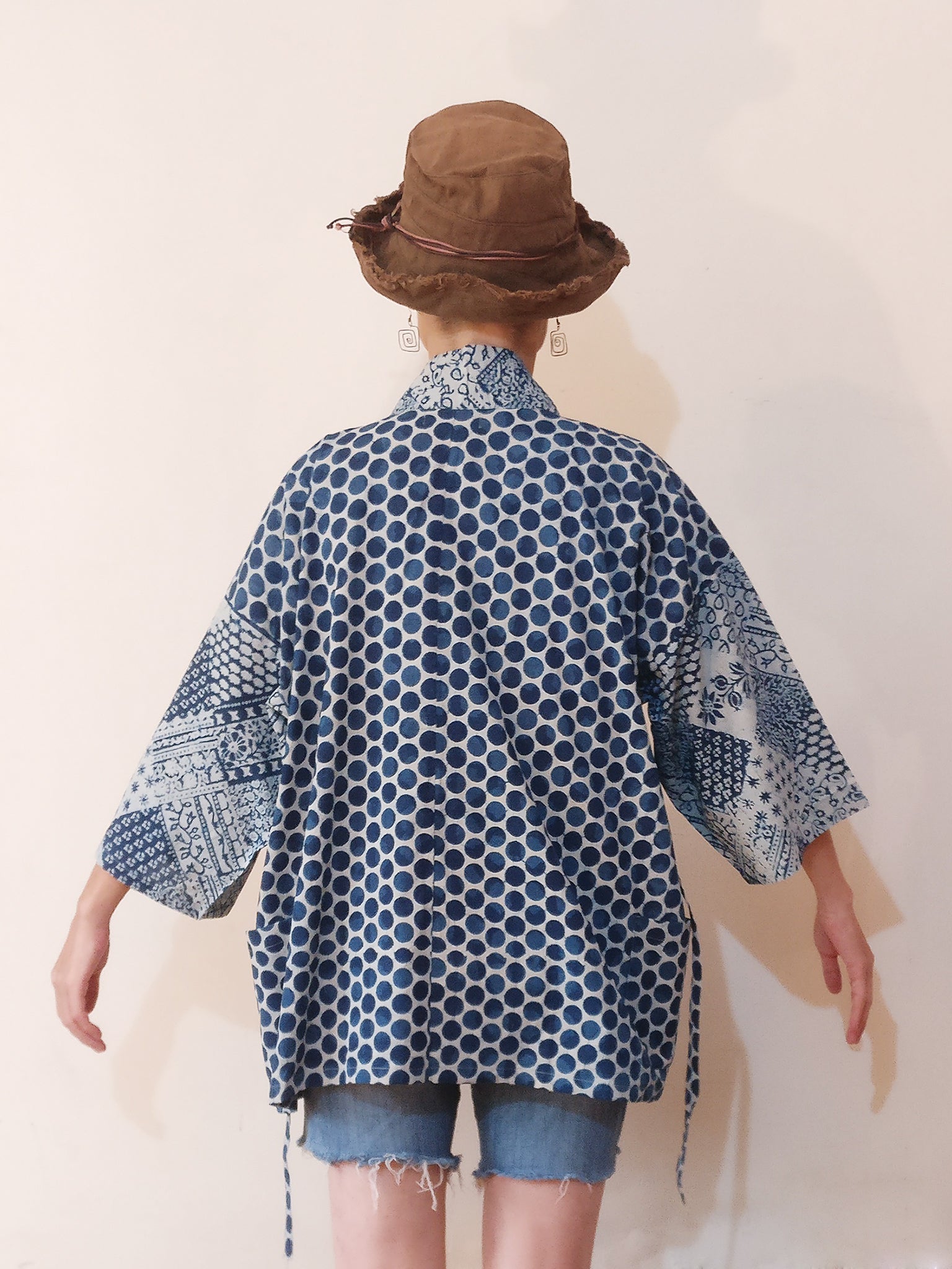 Kimono (Jinbei) Jacket - Indigo Dot Print & Indigo Patchwork Print Sleeves