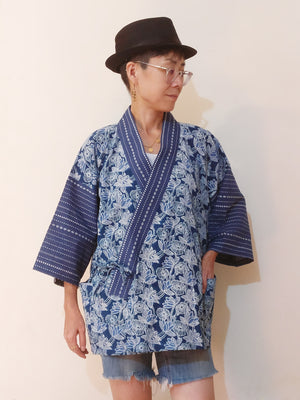Kimono (Jinbei) short jacket from Japan with an Indian indigo cotton which reminds us so much of Japanese Yukata (cotton casual Kimono). Now it's your turn to mix and match with Desi stuff! Very comfy, very cool, chic and unique. Shop online!