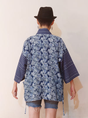 Kimono (Jinbei) Jacket - Indigo Yukata-ish Flower & Navy Stripe Sleeve