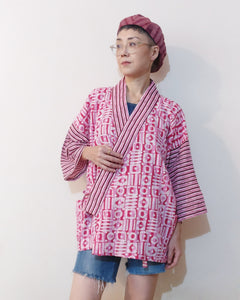 Kimono (Jinbei) jacket with cute pink Kantha Batik. Shop online!