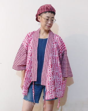 Kimono (Jinbei) jacket with cute pink Kantha Batik. Shop online! With the front open.