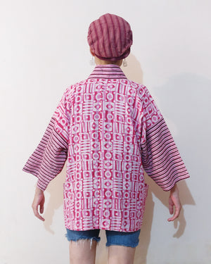 Kimono (Jinbei) Jacket - Kantha Batik & Kantha Stripe Sleeves (Pink)