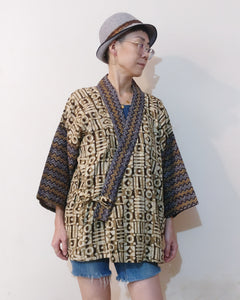 Kimono (Jinbei) jacket with cool combination of brown Kantha Batik and dark brown print Kantha. Shop online!