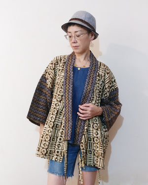 Kimono (Jinbei) jacket with cool combination of brown Kantha Batik and dark brown print Kantha. Shop online! With front open.