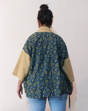 Kimono (Jinbei) Jacket - Navy Ajrakh Plant Print & Mustard Stripe Sleeves