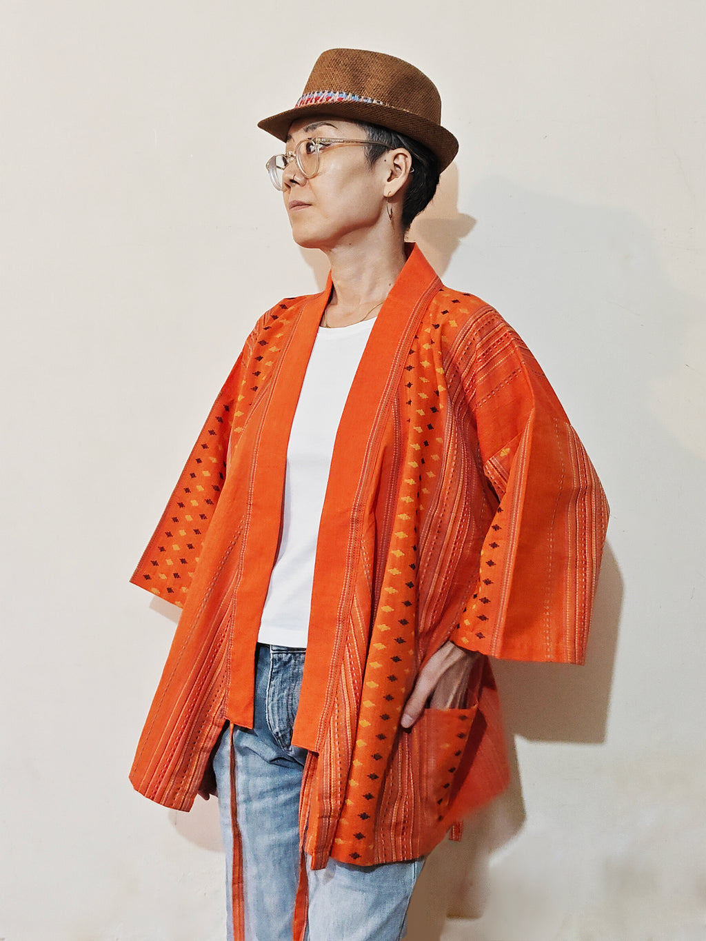 This Kimono jacket is made with middle-weight beautiful orange cotton Odissa weave, gorgeous piece to style with whole through the year! Buy online.