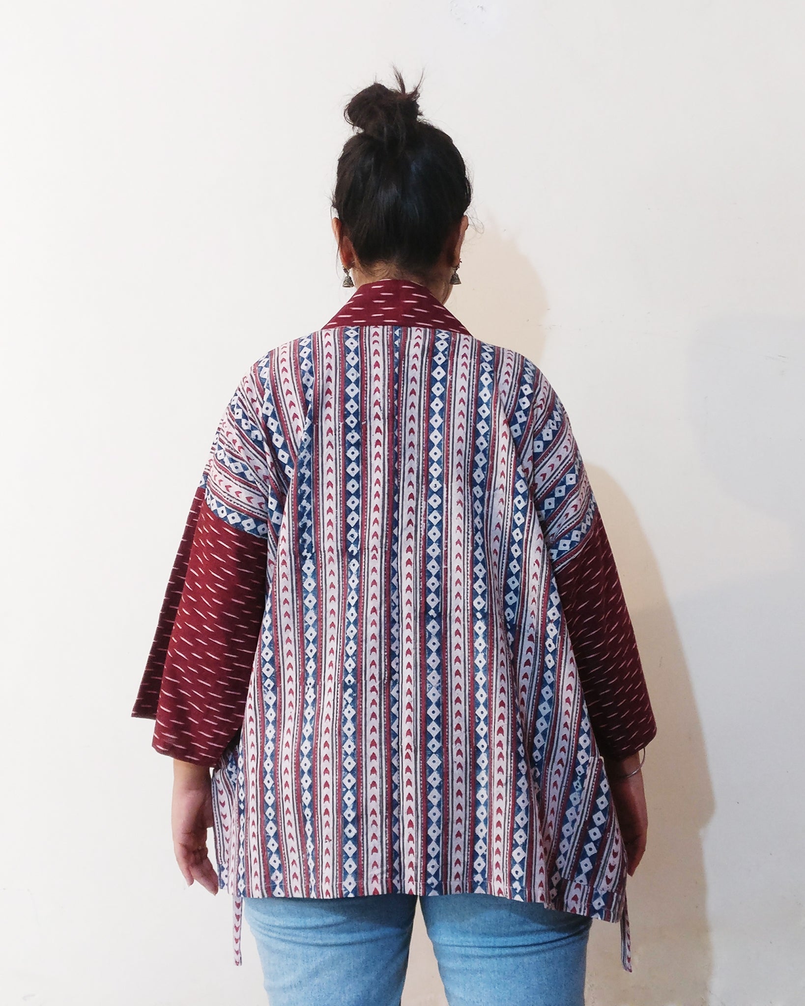 Kimono (Jinbei) Jacket - Red White Navy Geometric Print & Maroon Ikat Sleeves