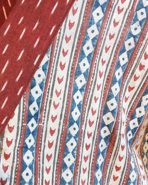 Kimono (Jinbei) Jacket - Red White Navy Geometric Print & Maroon Ikat Sleeves