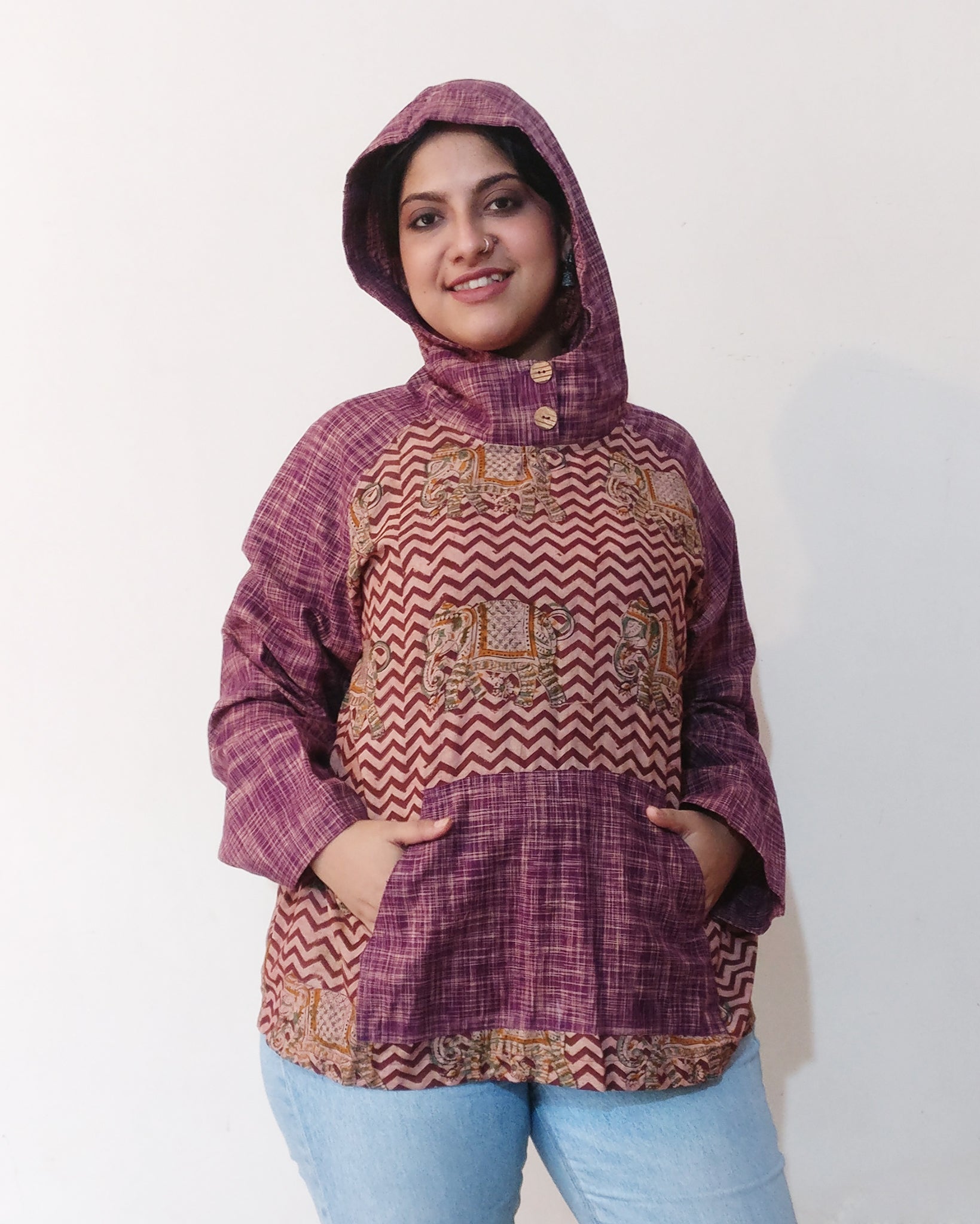 Khadi, cool elephant print... This is a cool Desi hoodie. Comfortable breezy thin cotton. Shop online! (with hood on)