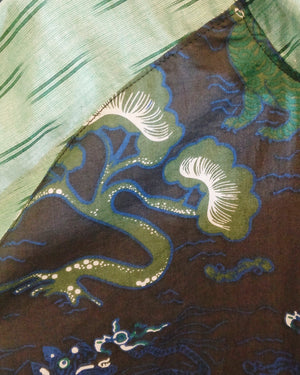 Pull-over Hoodie - Dark Green Chinese Tiger Print & Pastel Green Ikat