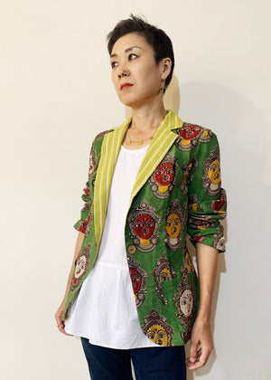 Blazer Jacket - Green God Print & Yellow Stripe Collar