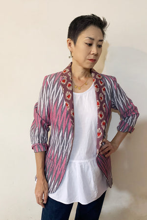 Blazer Jacket - Grey Pink Ikat & Plant Print Collar