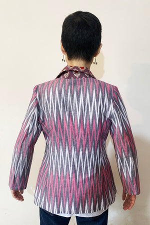 Blazer Jacket - Grey Pink Ikat & Plant Print Collar
