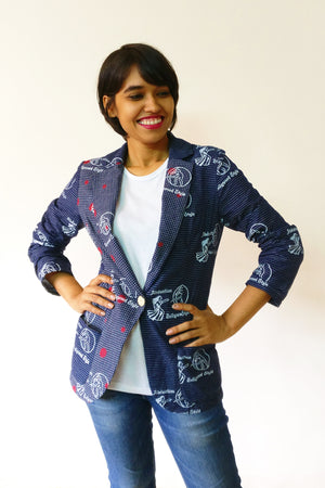 Women's stripe handloom cotton blazer with MIRCHI KOMACHI's 3rd original block print inspired by DDLJ. Bring out your inner Simran and come... fall in love. Shop online.