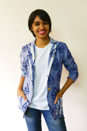 Wear your love for Bombay Meri Jaan. Women's Blazer Jacket with our original print Pothole Zone on very cool handloom stripe cotton fabric. Shop online and survive the monsoon!