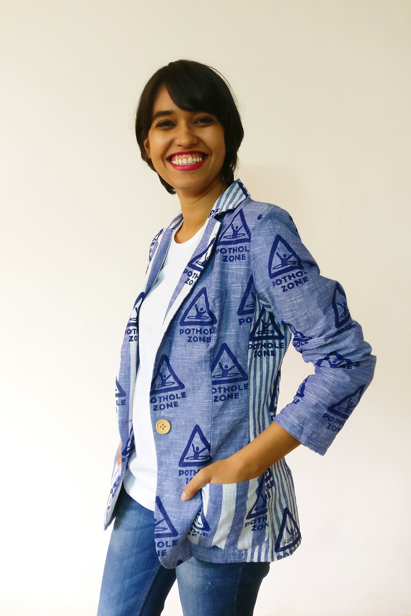 Wear your love for Bombay Meri Jaan. Women's Blazer Jacket with our original print Pothole Zone on very cool handloom stripe cotton fabric. Shop online and survive the monsoon!