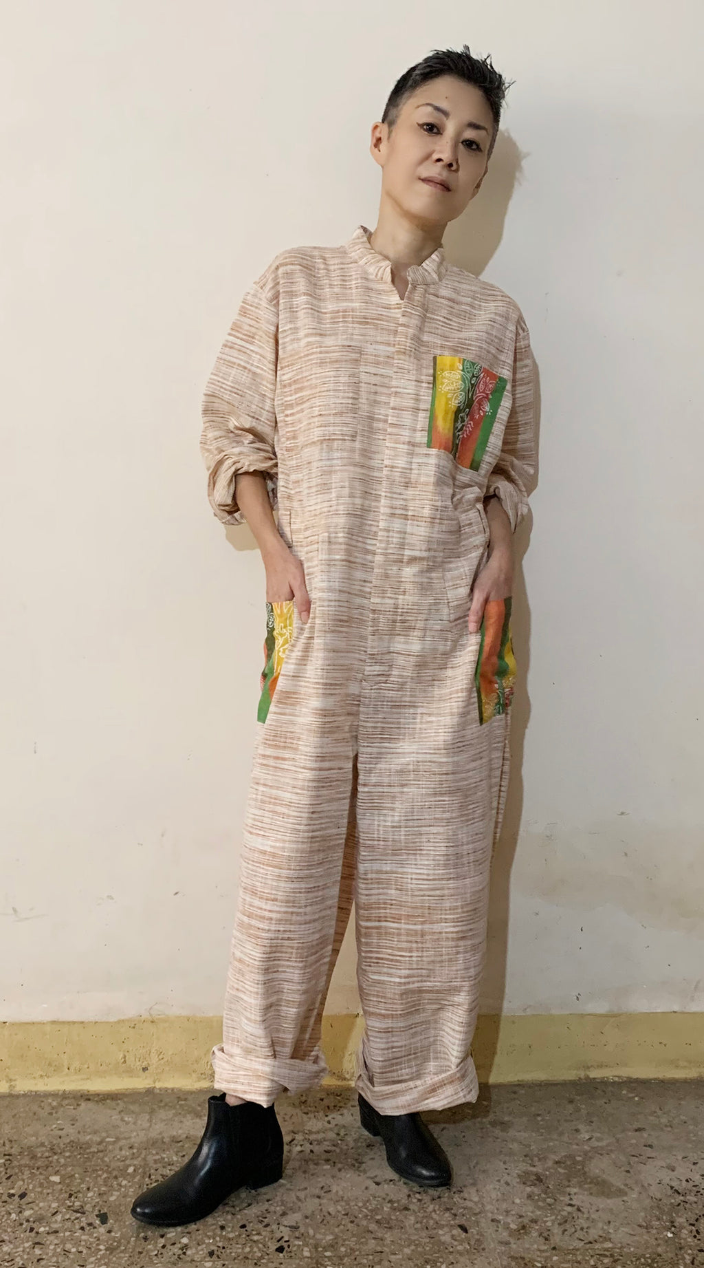 Indian classic boiler suit (coverall) with ivory Khadi cotton for daily wear. The oversized silhouette with slightly-shaped waistline (hence 2.0!) gives cool vibes. Comfy & sassy & cute. Shop online.