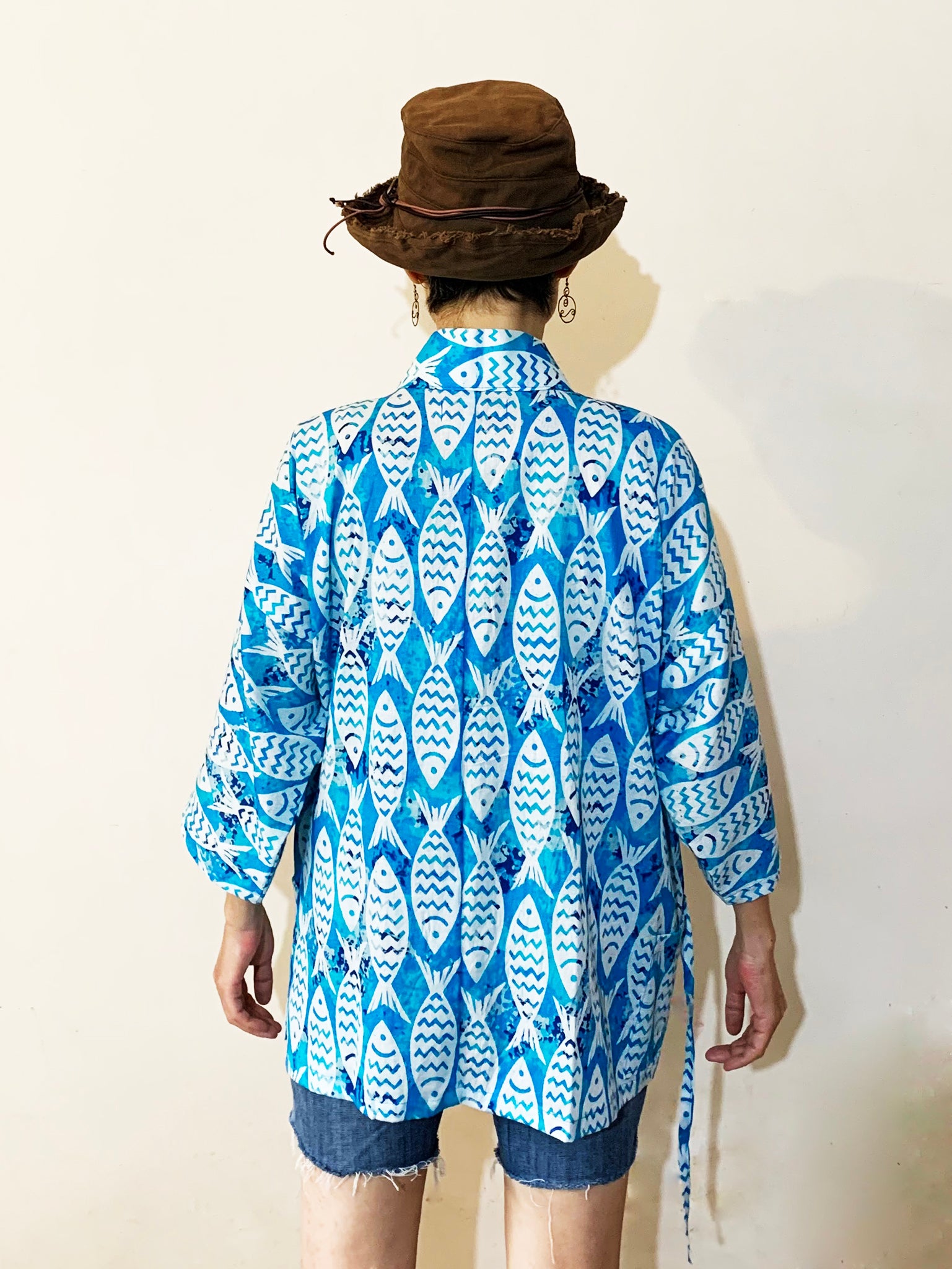 Kimono (Jinbei) Jacket - Marine Blue Fish Print