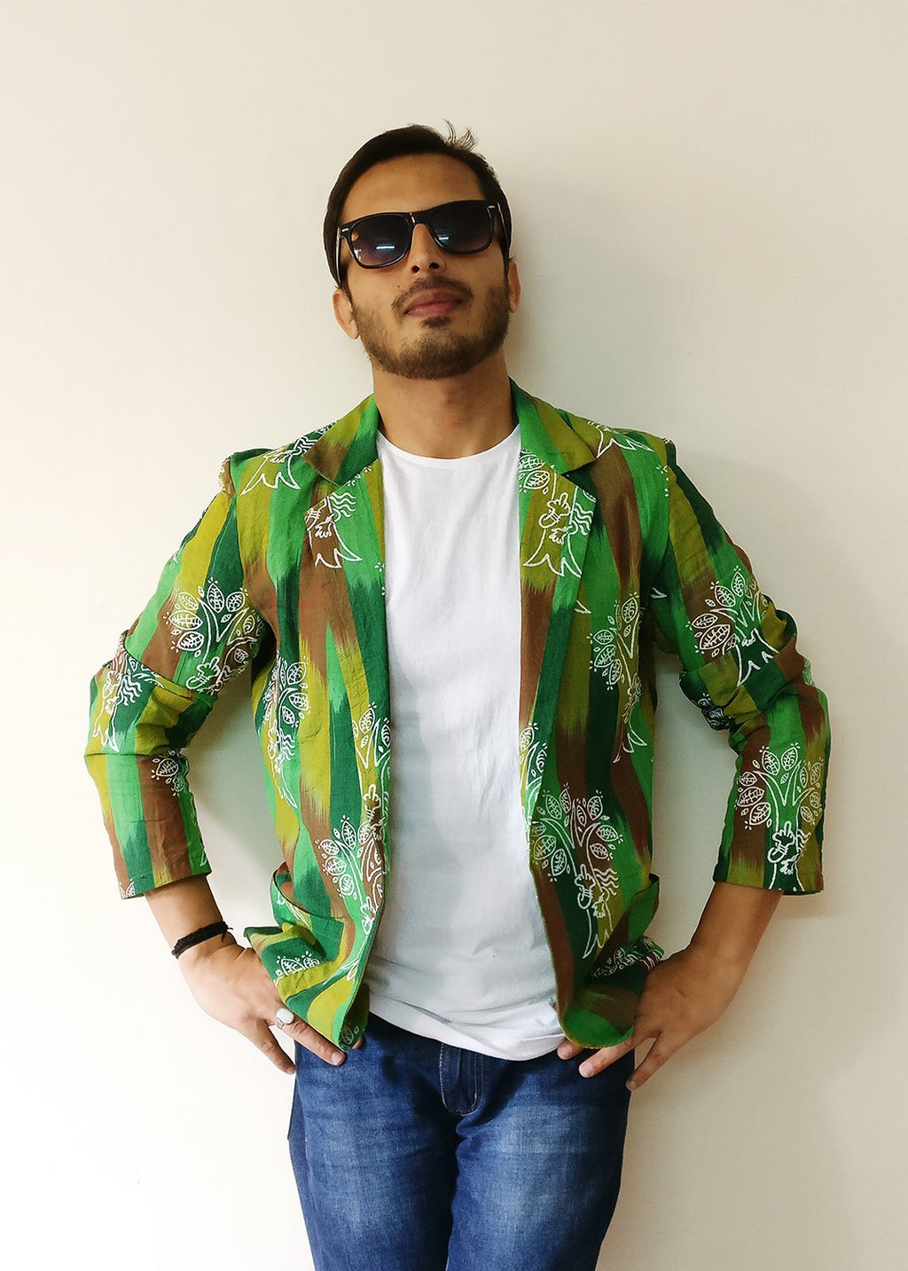 We protect trees, our lifeline, our land, our planet, like the women in Chipko Movement. Statement blazer jacket (green) for men. Handloom cotton with the help of the earth.