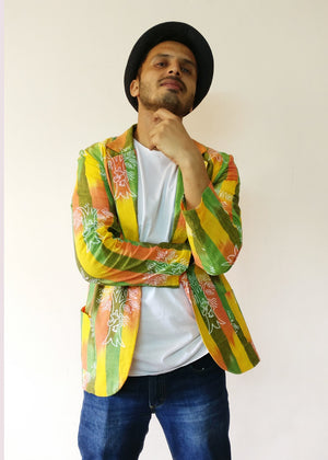 We protect trees, our lifeline, our land, our planet, like the women in Chipko Movement. Statement blazer jacket (yellow) for men. Handloom cotton with the help of the earth.