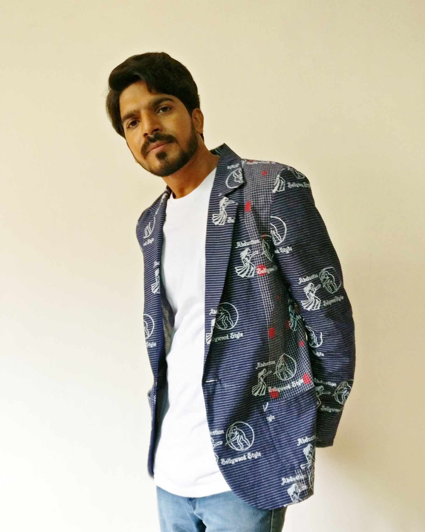 Men's stripe handloom cotton blazer with MIRCHI KOMACHI's 3rd original block print inspired by DDLJ. Wear this and be a sweet lover to your Simran! Come... fall in love, shop online.