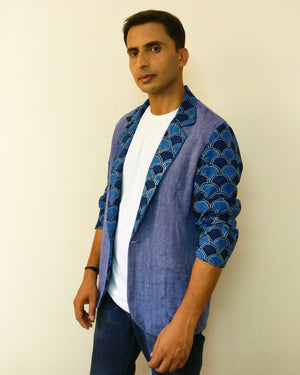 Blazer jacket with cotton, linen & jute mix fabric for men. Great for summer and humid seasons. Very versatile denim-ish colour. Shop online!